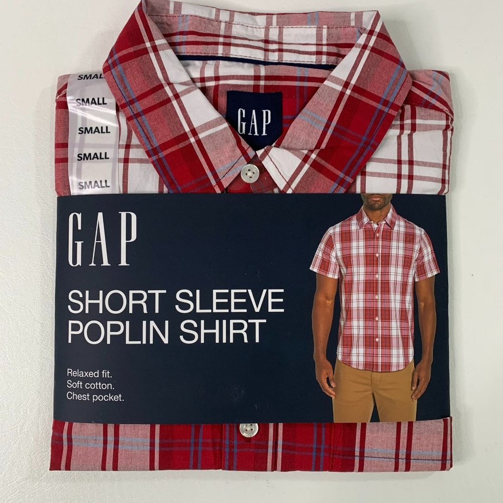 Gap Men's Shirt S Short Sleeve Button Front Poplin Shirt Red Plaid S - Picture 3 of 7